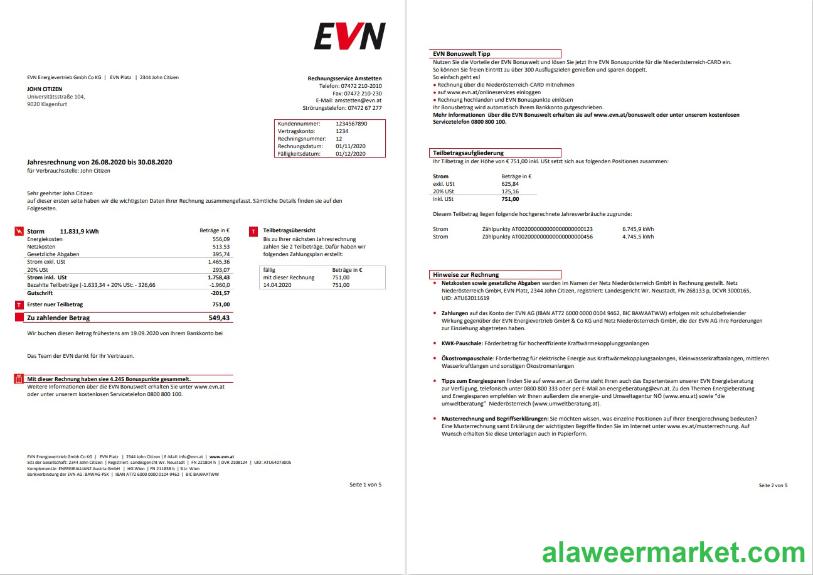 Austria EVN electricity utility bill 5 pages 1 2